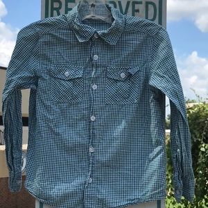 H&M Green Blue White Plaid Checkered Button Up Down Long Sleeves Shirt Boys 6-7